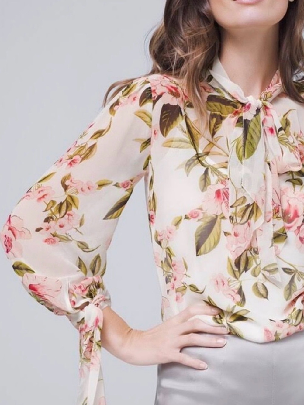 White House Black Market Sheer Floral Chiffon Blouse with Tie